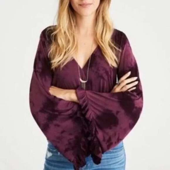 American Eagle AEO Purple Tie Dye Wrap Front Bell Sleeve Long Sleeve S - Picture 1 of 6